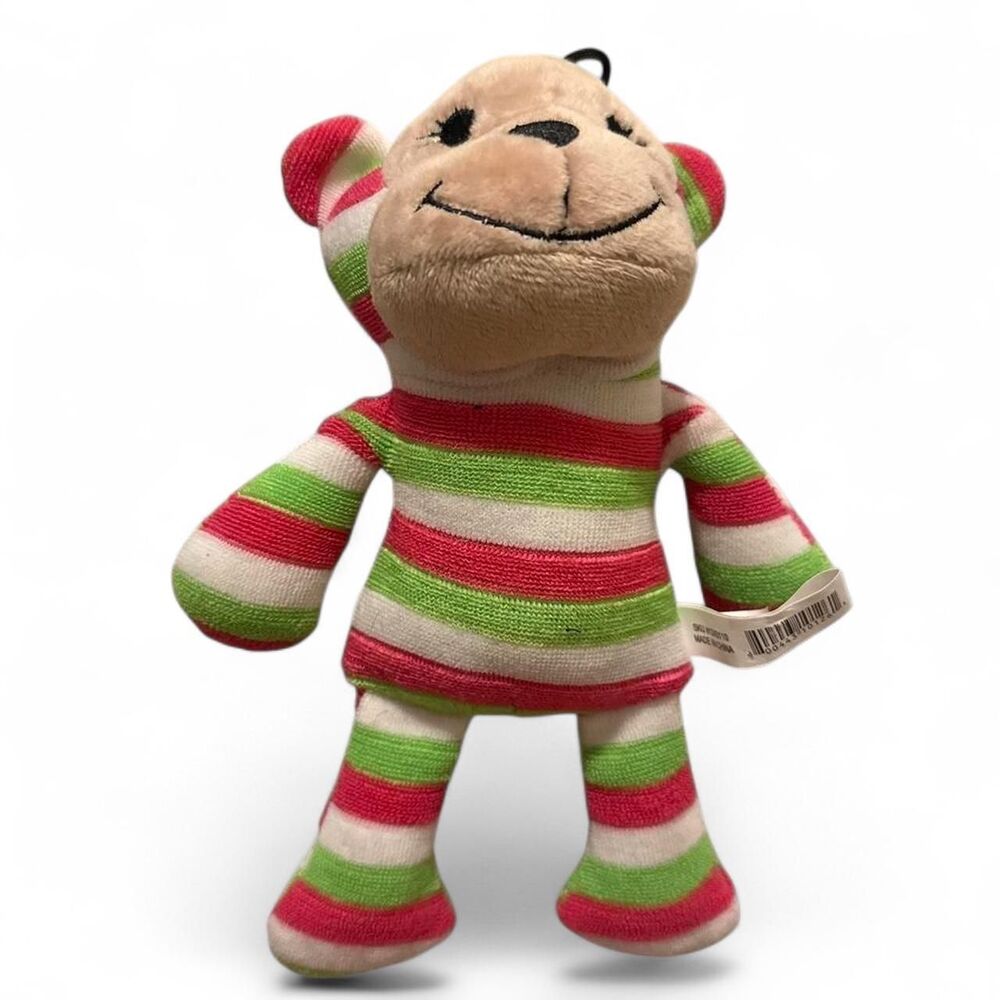 pink and green striped monkey DOG TOY with squeaker